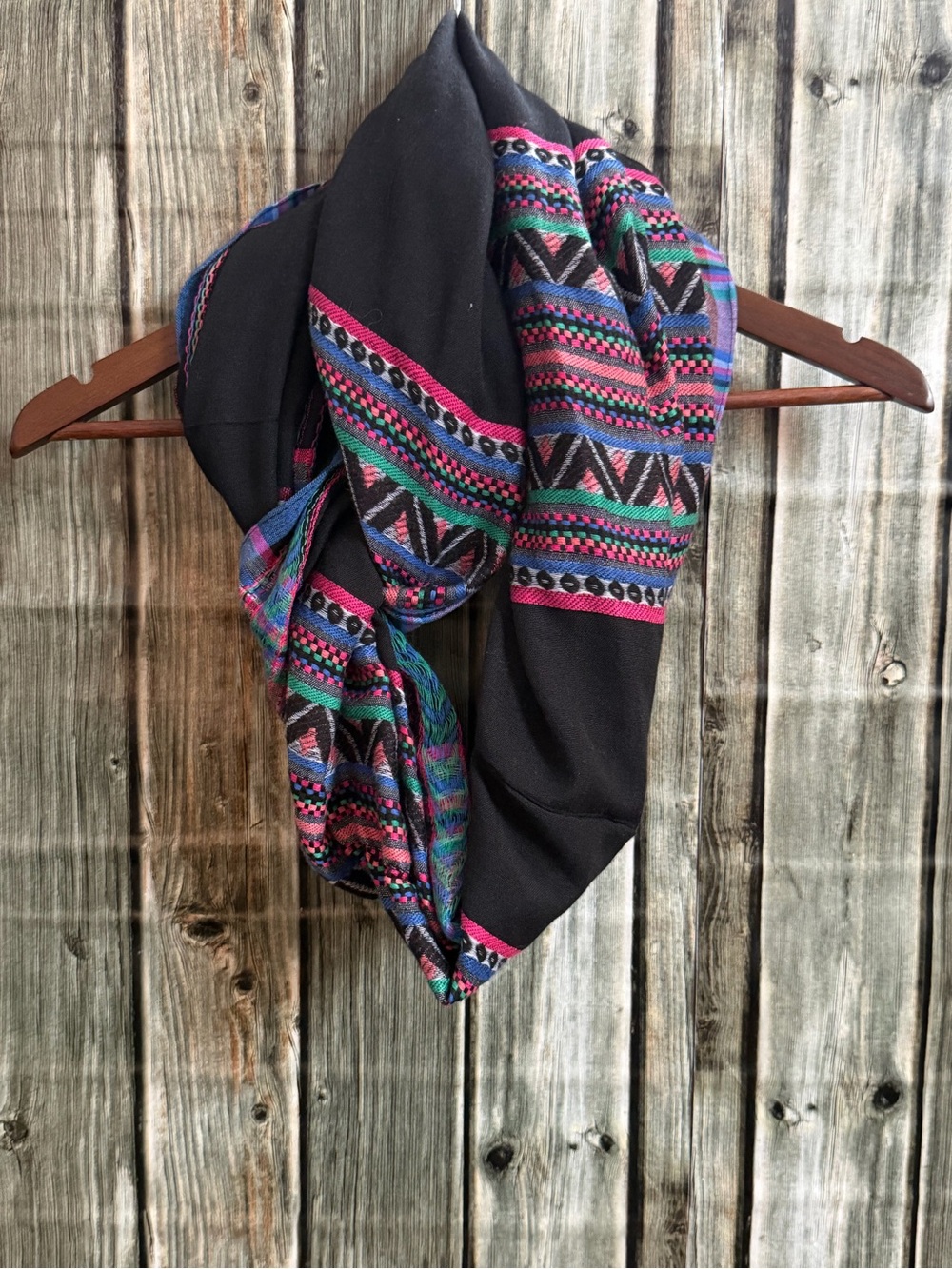 Black Infinity Scarf with Multicolor Geometric Stripe Pattern